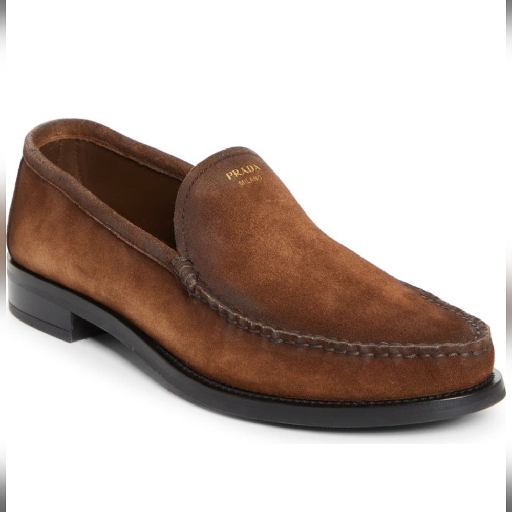 $1,435 Prada Logo Ombre Suede Loafers Brown EU 39.5 US 9.5 BNIB AUTHENTIC